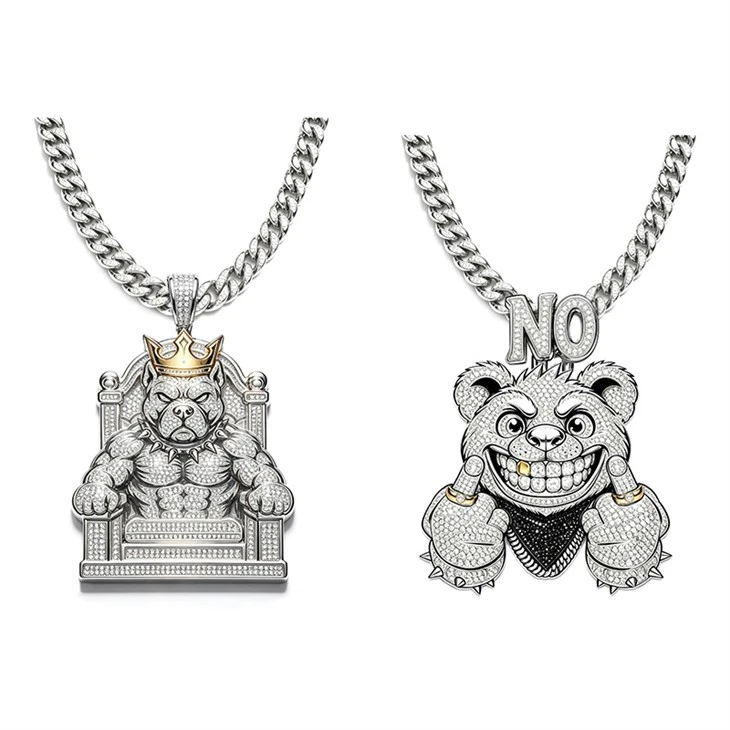 925 Silver Crown Pitbull King & Rebellious Middle Finger Bear Hip Hop Jewelry