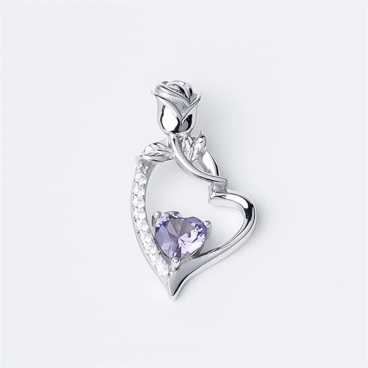 925 Silver Rose-shaped & Purple Heart CZ Pendant Necklace