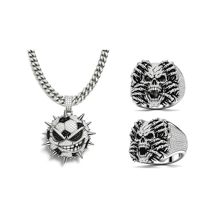 925 Silver Hip Hop Jewelry Set Spiked Evil Soccer Ball Pendant Gothic Necklace & Ring For Men
