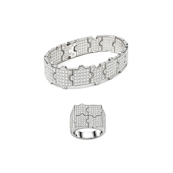 925 Silver Hip Hop Jewelry Set Bling Puzzle Link Bracelet And Ring For Men Streetwear