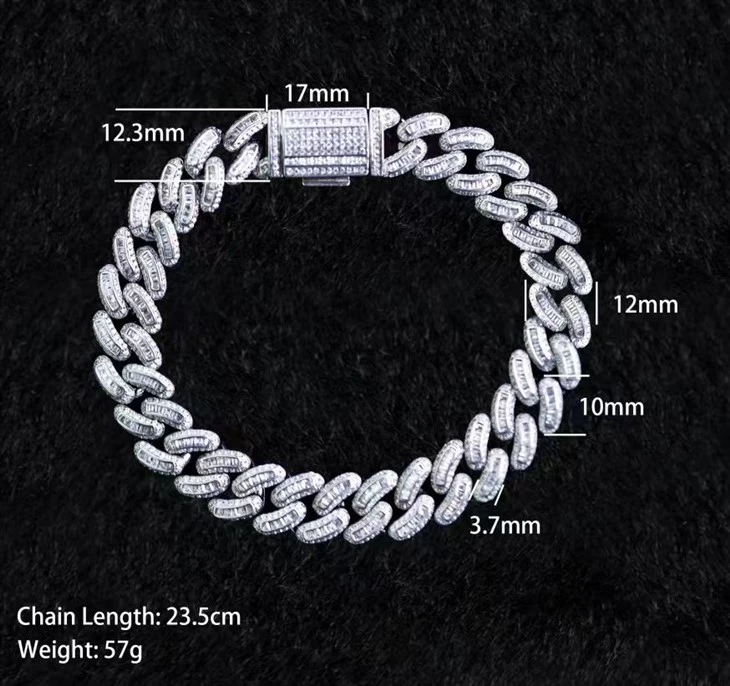 925 Silver Wide Baguette & Round Moissanite Cuban Link Hip Hop Bracelet