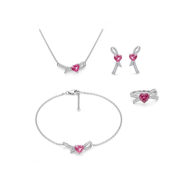 925 Silver Bowknot Heart Pink CZ Jewelry Set Romantic Women Jewelry For Gift