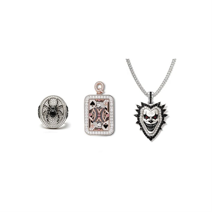 925 Silver Hip Hop Jewelry Set Oval Black Spider Ring Black Heart Queen Poker Card Pendant