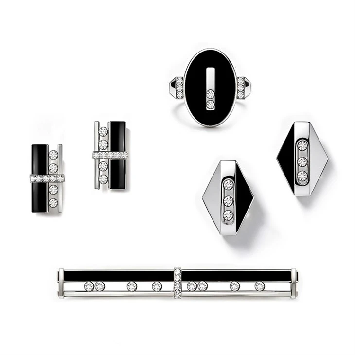 925 Silver Factory Original Art Deco Black Enamel Sliding Moissanite Jewelry Set