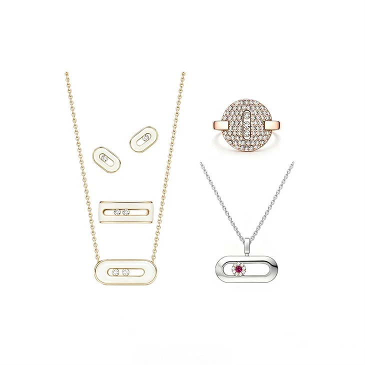 925 Silver Modern Sliding Oval Enamel CZ Jewelry Set Paperclip Jewelry
