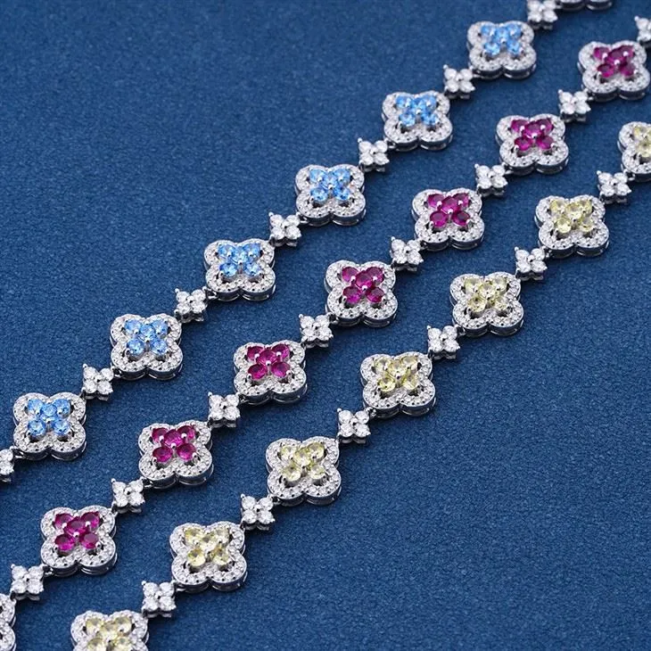 925 Silver Multicolor CZ RH Plated Four Leaf Clover Necklace