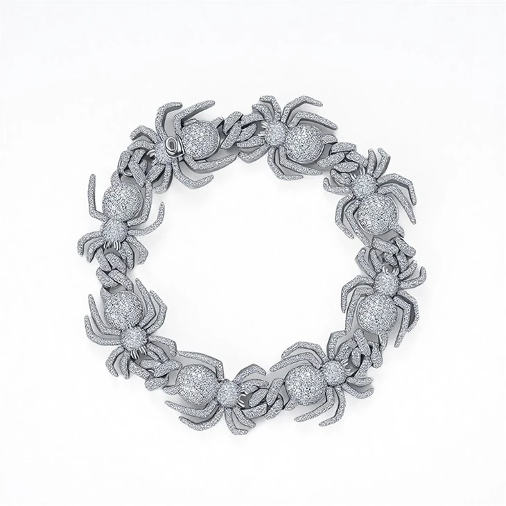 925 Silver Iced Out CZ Spider Link Bracelet Gothic Punk Hip Hop Jewelry