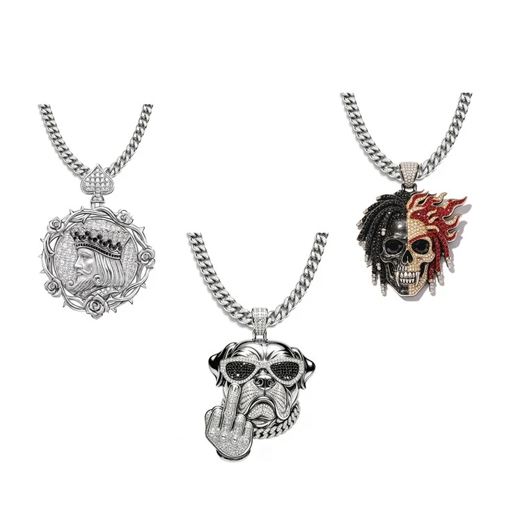 925 Silver Streetwear Pendant Set Poker King Middle Finger Bulldog & Flame Dread Skull Hip Hop Jewelry