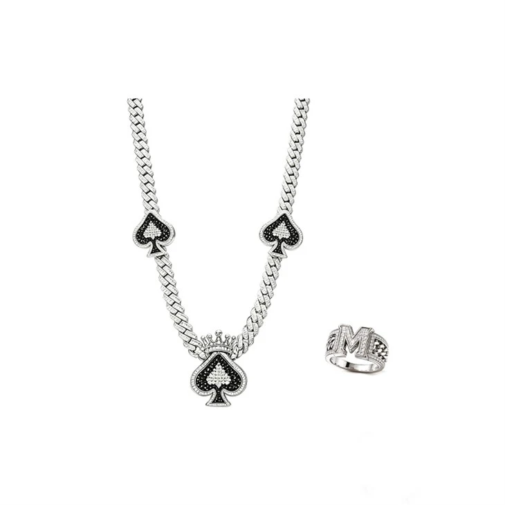 925 Silver Iced Out Hip Hop Jewelry Set Bling Playing Card Spade Necklace & Ring For Men