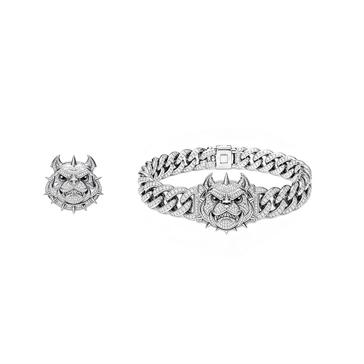 925 Silver Bulldog Cuban Bracelet & Ring Set Full Bling Diamond Spiked Pitbull Head Hip Hop Jewelry