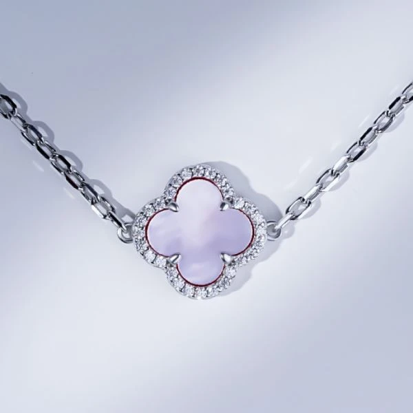 925 Silver Elegant Natural White MOP Four Leaf Clover Sparkling Cubic Zirconia Frame Silver Paperclip Bracelet