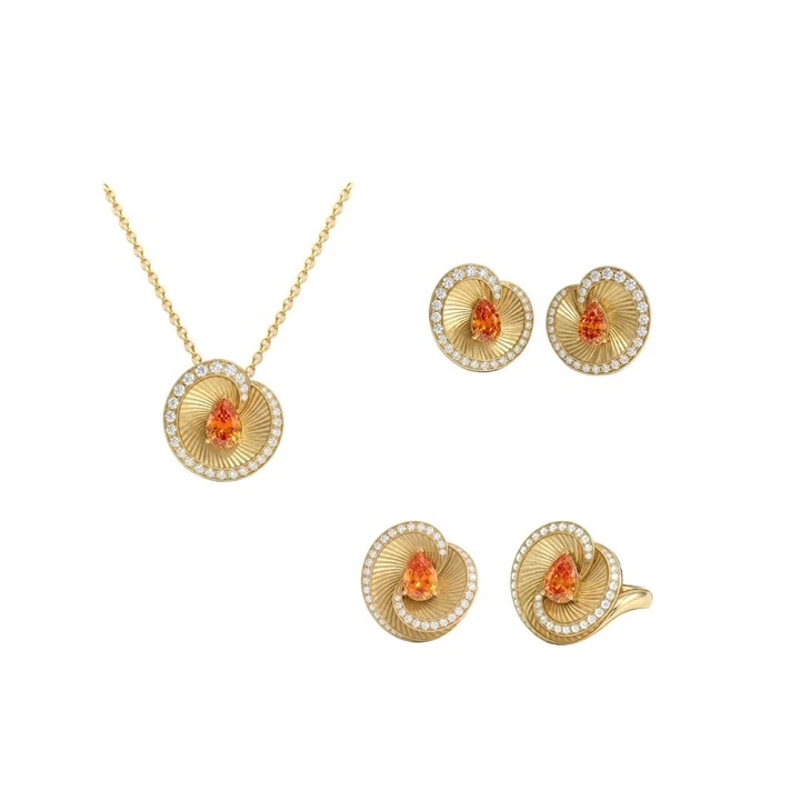 925 Silver Spiral Fluted Pear Orange Zircon Jewelry Set Bridal Jewelry For Her