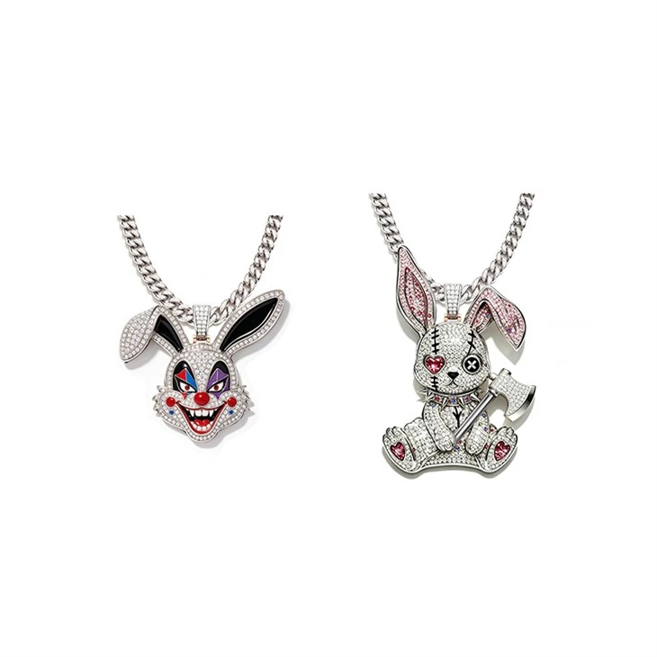 925 Silver Iced Streetwear Pendant Set Evil Clown Rabbit Hip Hop Jewelry