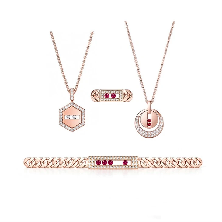 925 Silver Sliding Red CZ Jewelry Collection White Moissanite Modern Geometric Women Jewelry Set