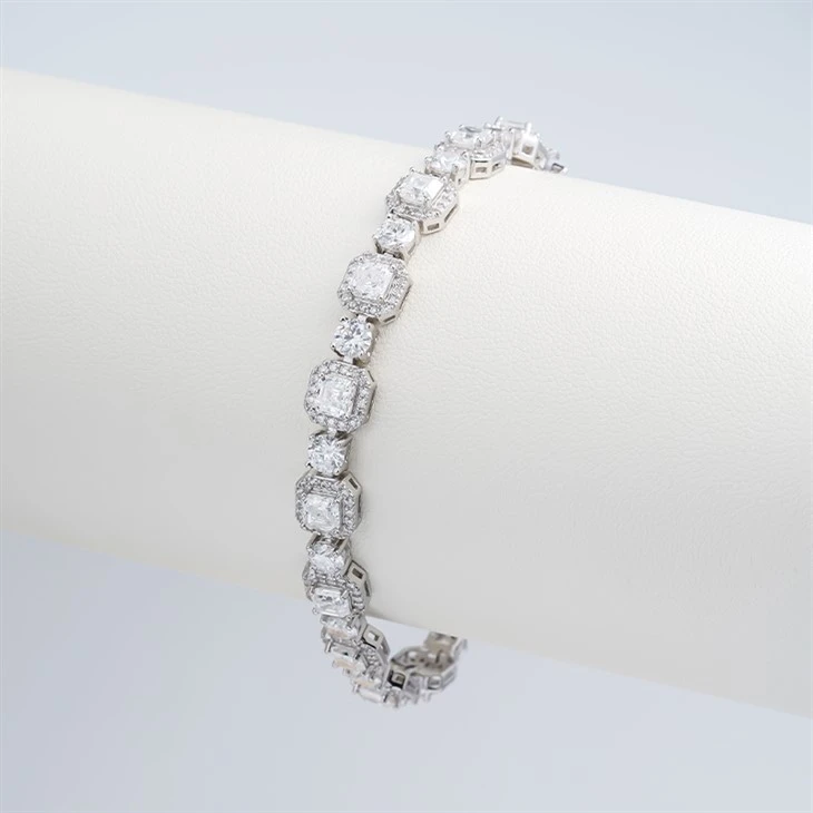 925 Silver Vintage Square Halo Crystal Alternating Round Stone Link Bracelet