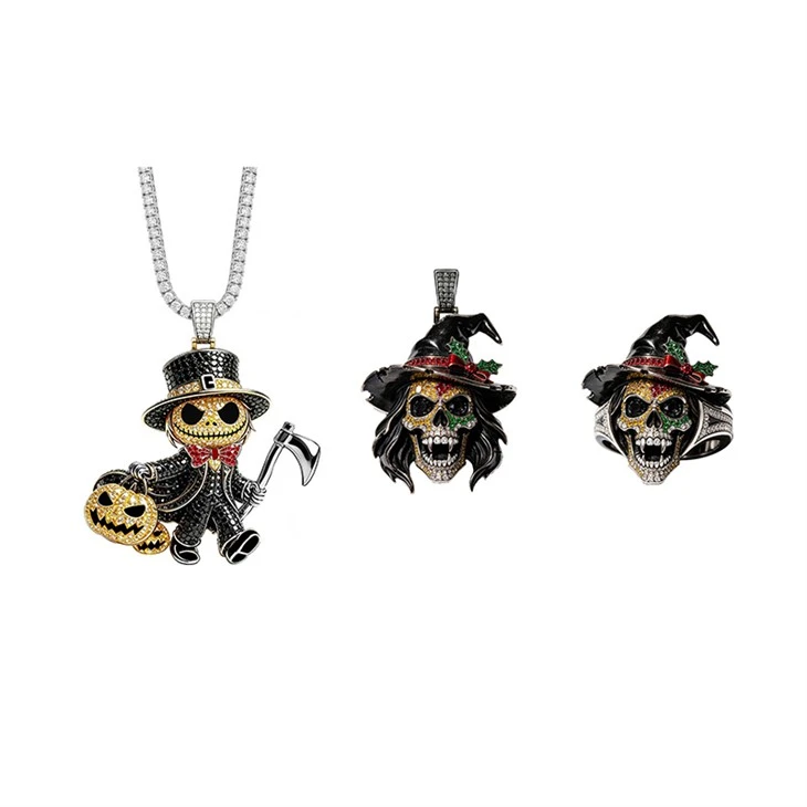 925 Silver Iced Out Halloween Hip Hop Jewelry Set Jack Skellington Pendant Necklace For Men