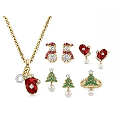 Christmas Jewelry Set Red Enamel Mitten Pearl Pendant Necklace Snowman Stud Earrings Mitten Pearl Earrings Christmas Tree Pearl Earrings Statement Tree Ring