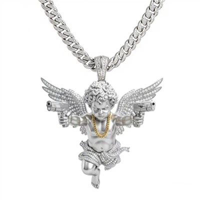 925 Silver Hip Hop Gun Angel Pendant Cuban Necklace