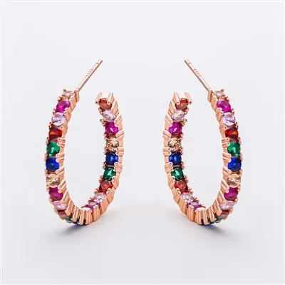 925 Silver Rose Gold Plated CZ Inlaid Hoop Earrings
