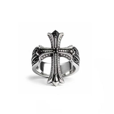 925 Silver Retro Hip‑Hop Cross Statement Ring Men Finger Ring