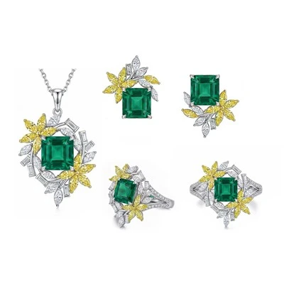 925 Silver Garden Jewelry Set Square Cut Emerald Green CZ Pendant