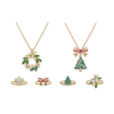 925 Silver Christmas Jewelry Set Pearl Wreath Necklace Enamel Christmas Tree Necklace