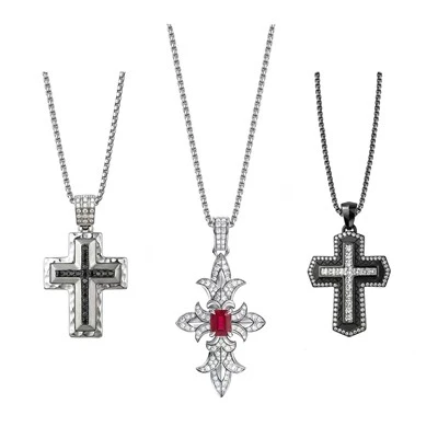 925 Silver Cross Necklace Bundle Cross Pendants CZ For Men Street Wear