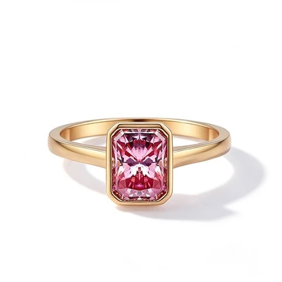 925 Silver Emerald Cut Pink CZ Bezel Set Solitaire Ring Plain Band Promise Ring