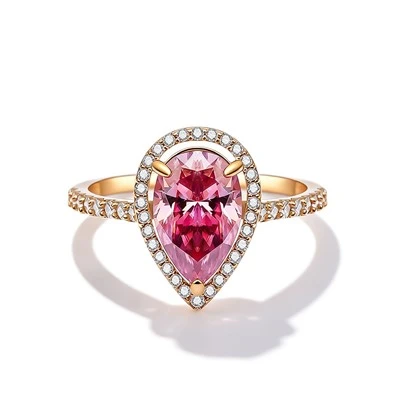925 Silver Ring Pear-Shaped Pink Waterdrop Romantic Wedding Gift Pink Ring