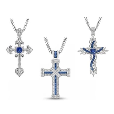 925 Silver Iced‑Out Blue & White Zircon Cross Necklace Collection