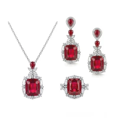 925 Silver Bridal Jewelry Set Cushion‑Cut Ruby Pendant Necklace Drop Earring