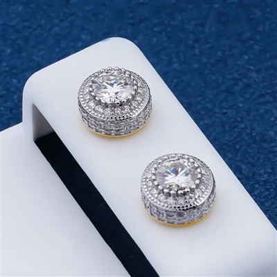 925 Silver Vintage Double Tier Halo Dome Crystal Dual Tone Two-Tone Metal Concentric Circle Full Pavé Round Zircon Geometric Multi-Row Layered Luminous Round Minimal Stud Earrings