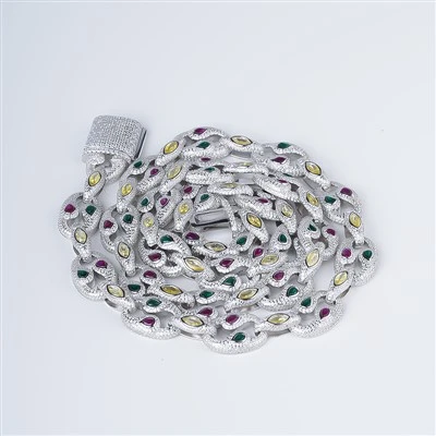 925 Silver Multi Color Marquise Oval Miami Cuban Link Chain Hip Hop Necklace