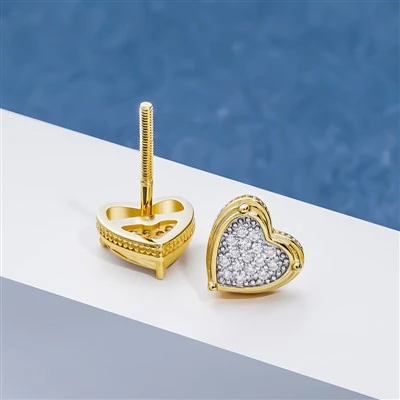925 Silver Vintage Beaded Trim Halo Heart Crystal Dense All-Over Paved Round Zircon Heart Outline Gold Tone Statement Lightweight Hollow Back Luminous Heart Stud Earrings
