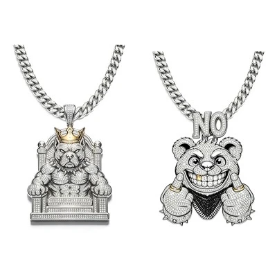 925 Silver Crown Pitbull King & Rebellious Middle Finger Bear Hip Hop Jewelry