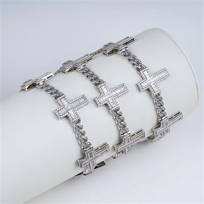 925 Silver Baguette Diamond Cross Cuban Link Chain Iced Out Hip Hop Men Necklace