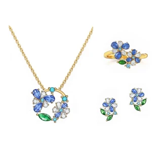 925 Silver Gold Plated Multi-color CZ Blue Flower Jewelry Set