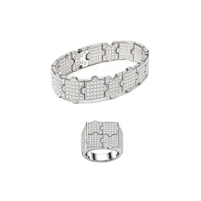 925 Silver Hip Hop Jewelry Set Bling Puzzle Link Bracelet And Ring For Men Streetwear