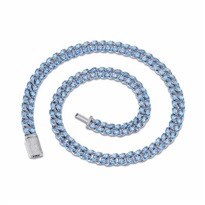 925 Silver Iced Out Blue Marquise CZ Miami Cuban Link Necklace Hip Hop Cuban Chain