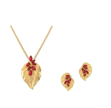 925 Silver Textured Leaf Red CZ Jewelry Set Vintage Botanical Women Jewelry
