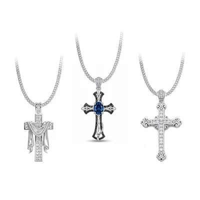 925 Silver Vintage Gothic Cross Pendant Necklace Set Iced Out Cross Jewelry