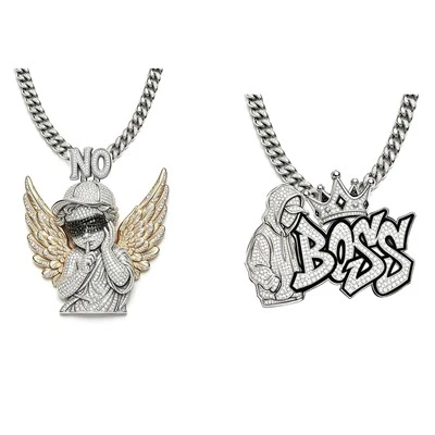925 Silver Streetwear Pendant Set Golden Wing Silent Angel & Crown Boss Hip Hop Jewelry