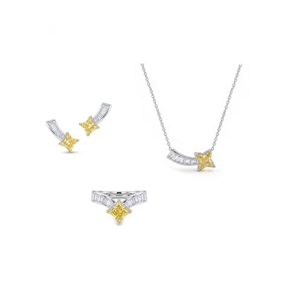 925 Silver Princess Cut Yellow Jewelry Set Baguette Starry Sky Women Party Fine Jewelry