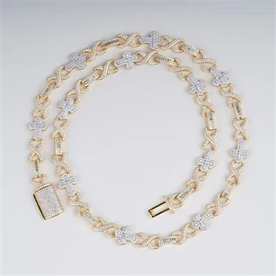 925 Silver Two Tone Gold Iced Cross Infinity Link Chain Hip Hop Necklace