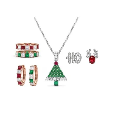 925 Silver Christmas Jewelry Set X‑mas Tree Red Green CZ Stack Rings Huggie Earrings HO Reindeer Stud Earrings Women Festival Gift Kit