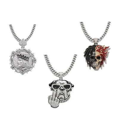 925 Silver Streetwear Pendant Set Poker King Middle Finger Bulldog & Flame Dread Skull Hip Hop Jewelry