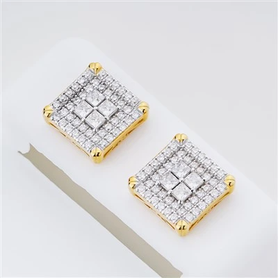 925 Silver Vintage Milgrain Ball Corner Square Crystal Dual Tone Mixed Princess & Round CZ Full Paved Cushion Geometric Multi-Shaped Zircon Layered Shiny Stud Earrings