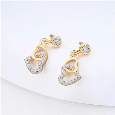 925 Silver Minimalist Intertwined Two Tone Hollow Heart Drop Single Bezel Set Crystal Top Linked Interlocking Outline Heart Dangle Lightweight Layered Linked Heart Swing Sparkly Everyday Earring Studs