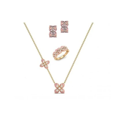 925 Silver Pink Enamel Jewelry Set Wide Band Ring & Huggie Hoop Earring Fine Jewellery For Women