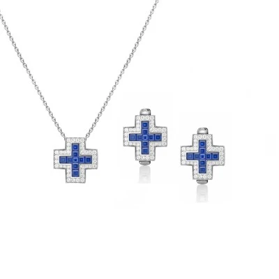 925 Silver Square Cut Blue Sapphire CZ Cross Jewelry Set Hoop Earrings Women Statement Jewelry